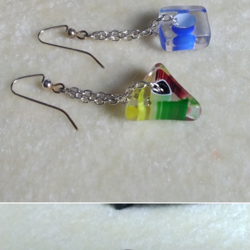 Hand Crafted Colorful Geometric Furnace Glass Drop Earrings